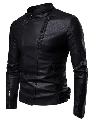 Men's Slim Fit Zippers Embellished Casual Faux Leather Jacket