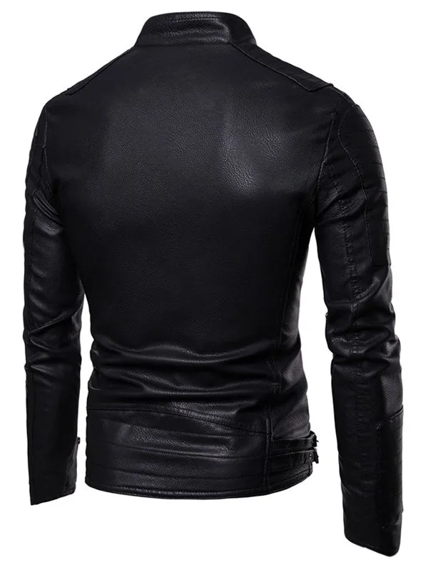 Men's Slim Fit Zippers Embellished Casual Faux Leather Jacket