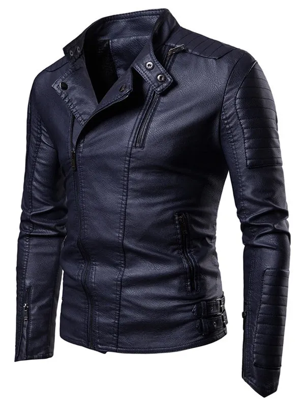 Men's Slim Fit Zippers Embellished Casual Faux Leather Jacket