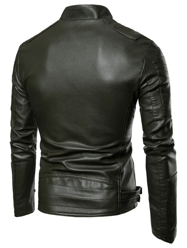 Men's Slim Fit Zippers Embellished Casual Faux Leather Jacket