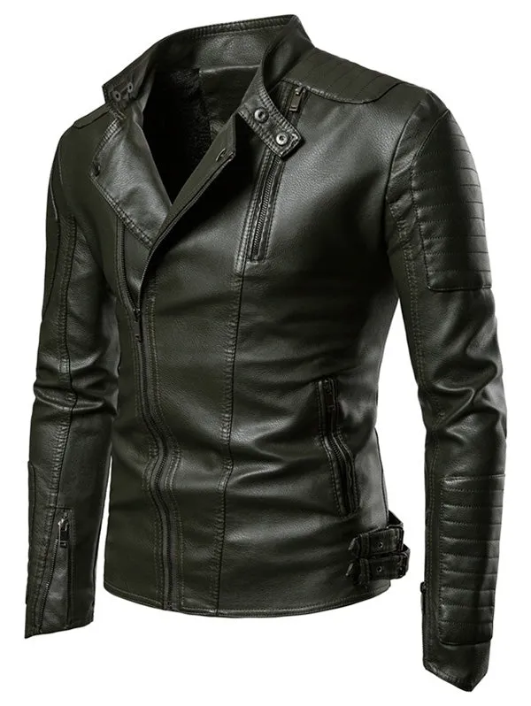 Men's Slim Fit Zippers Embellished Casual Faux Leather Jacket