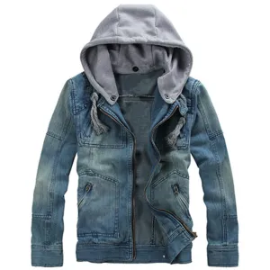 Men's Zippered Removable Hood Denim Jacket