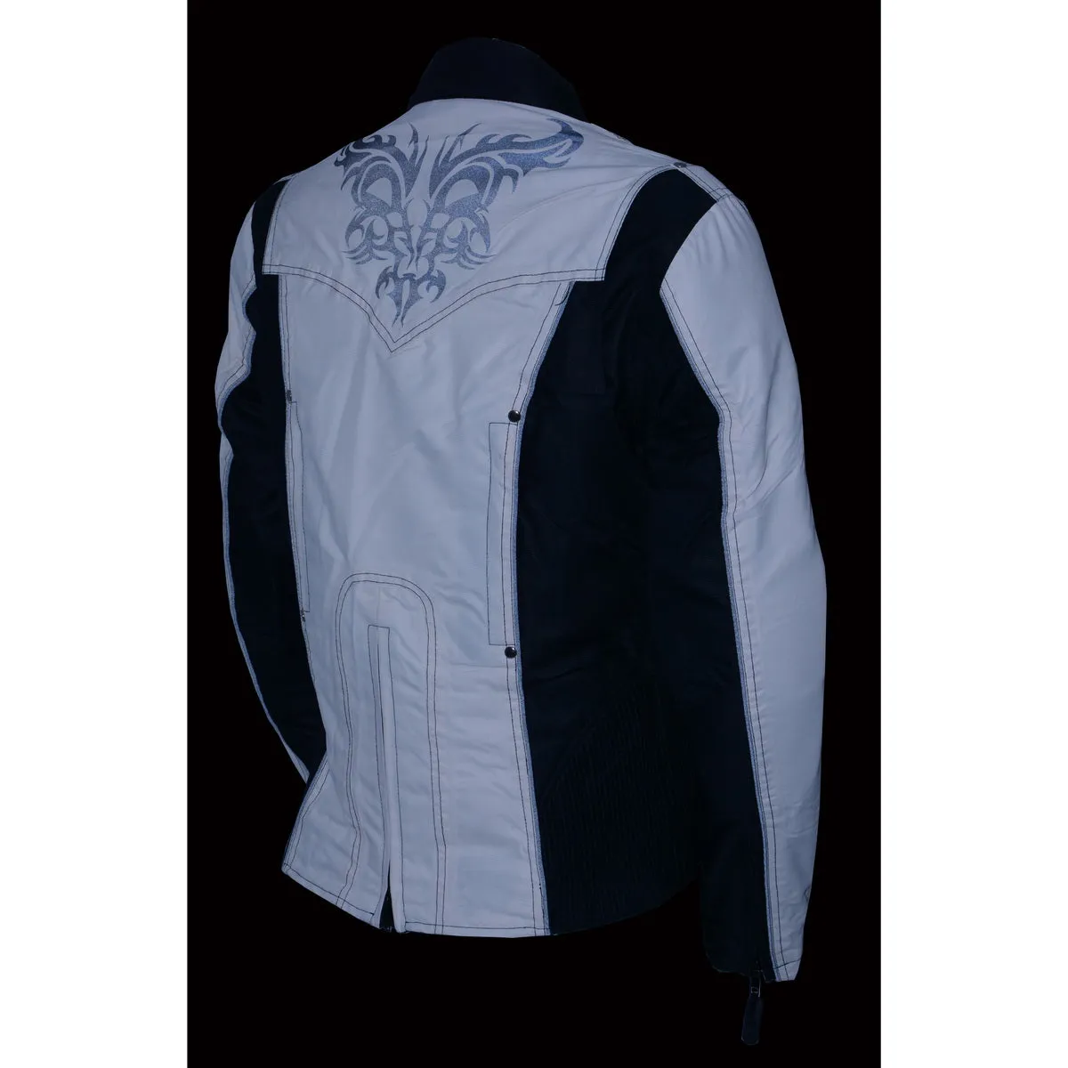 Milwaukee Leather SH2366 Women's'Reflective Tribal' Black and Cream Armored Motorcycle Textile Jacket