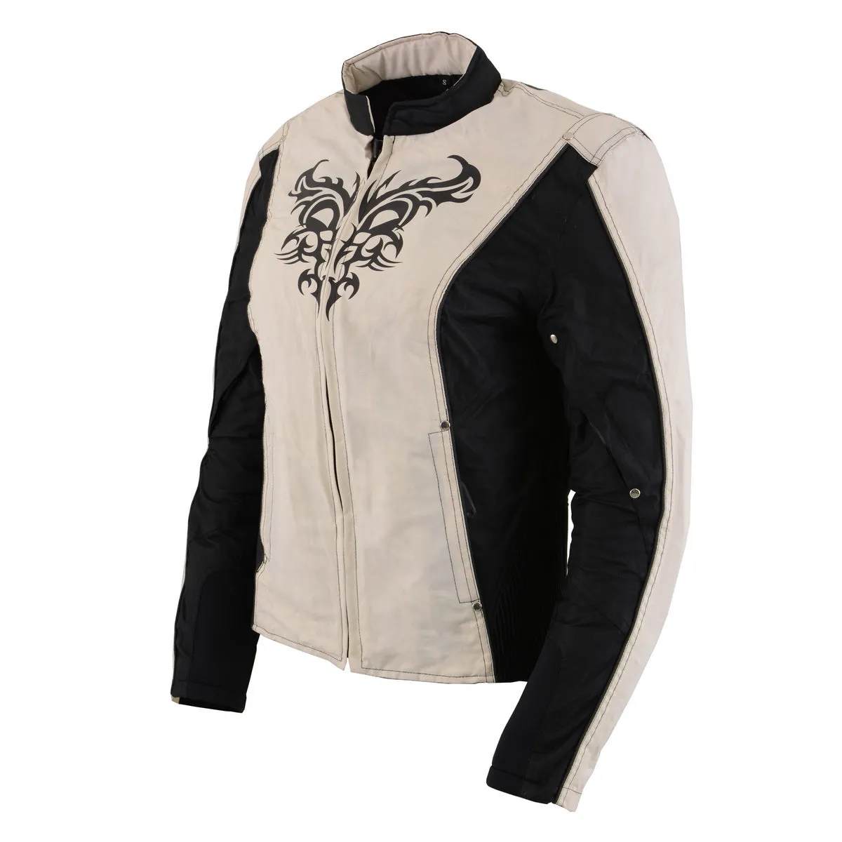 Milwaukee Leather SH2366 Women's'Reflective Tribal' Black and Cream Armored Motorcycle Textile Jacket