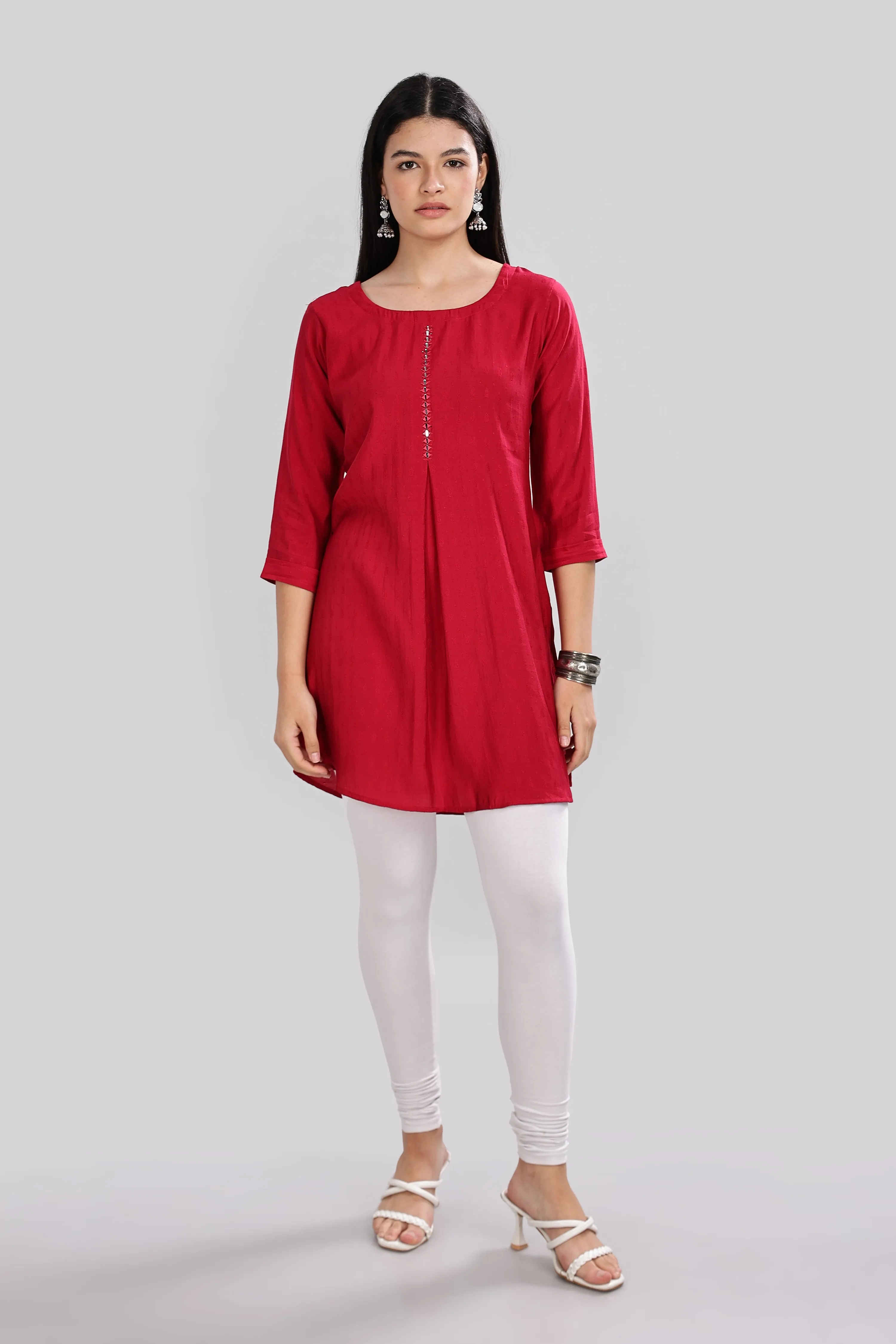 Mythri Round Neck Embroidered Top With 3/4th Sleeve  - Maroon - TO18