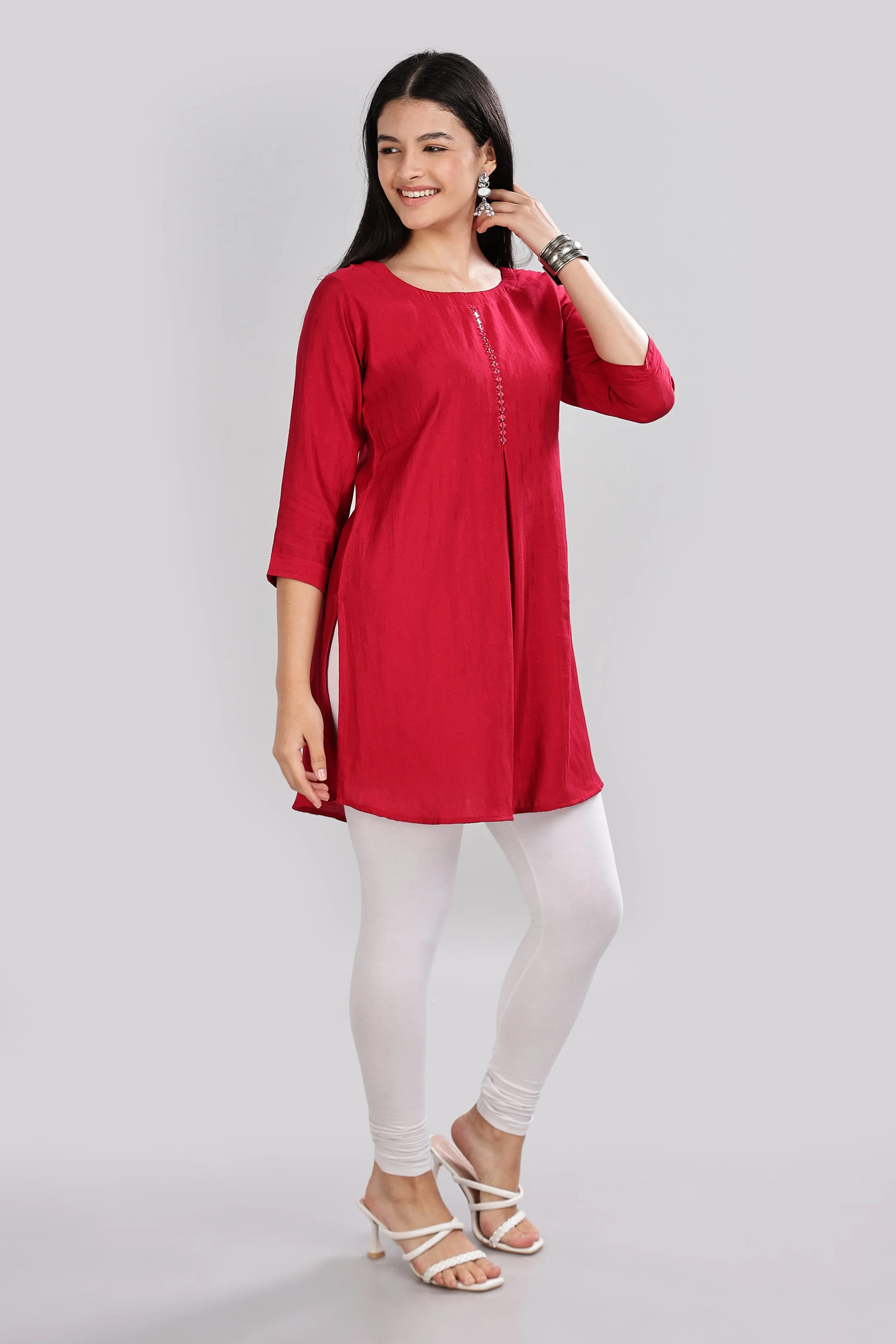 Mythri Round Neck Embroidered Top With 3/4th Sleeve  - Maroon - TO18