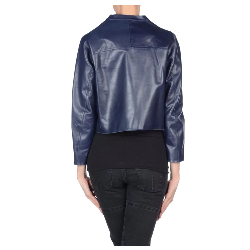 Navy Blue Women Biker Leather Jacket