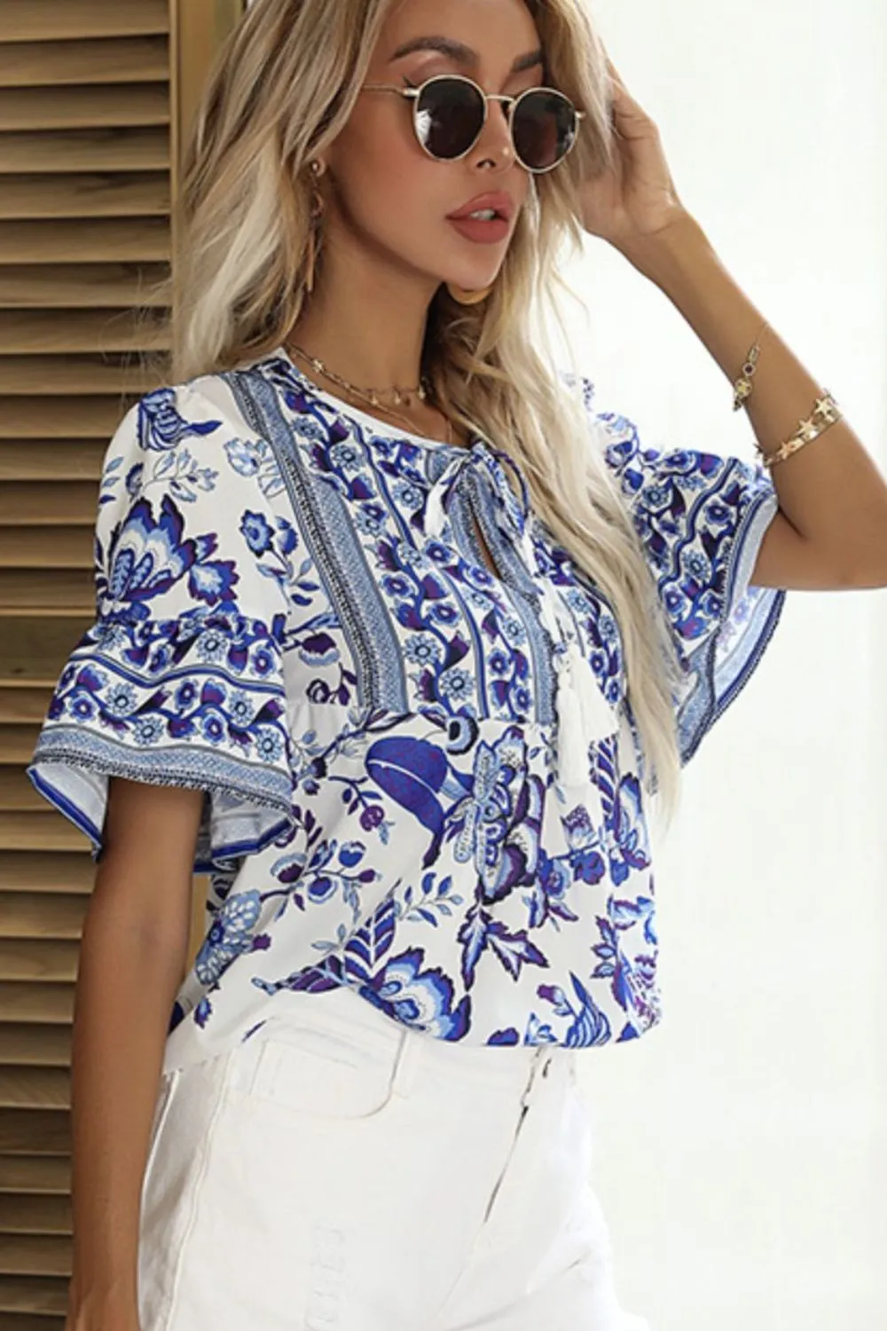 oned Flounce Sleeve Blouse