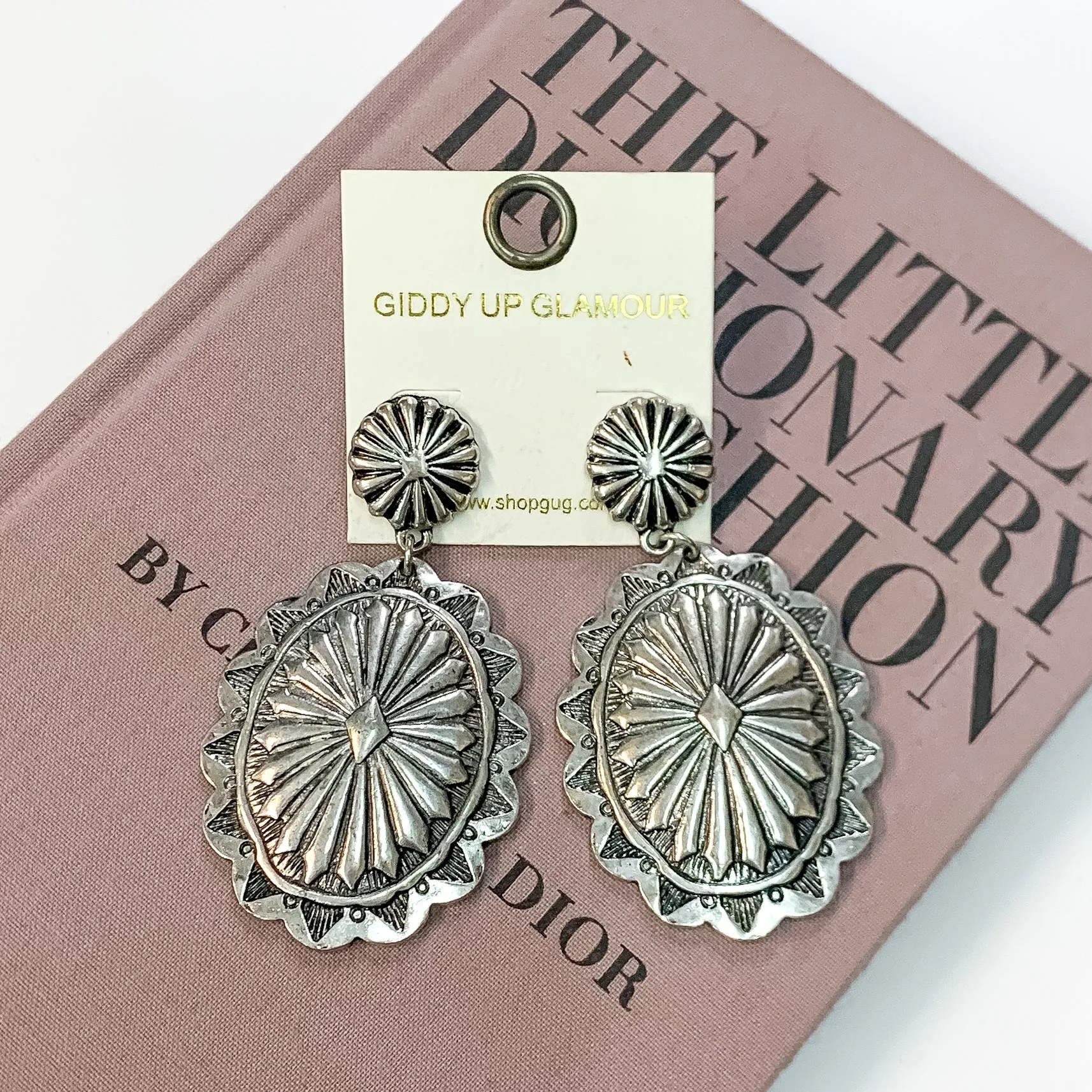 Oval Concho Post Earrings in Silver Tone