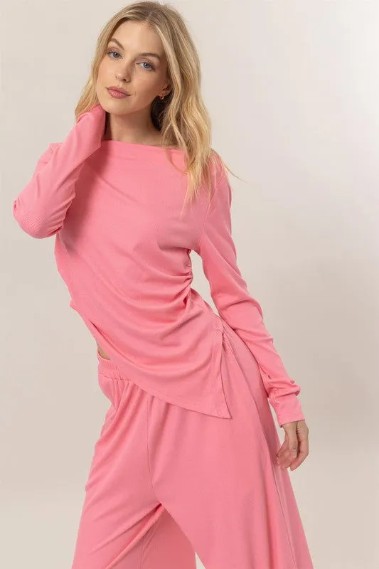 Pink Set-Off-Shoulder Top And Pants Set