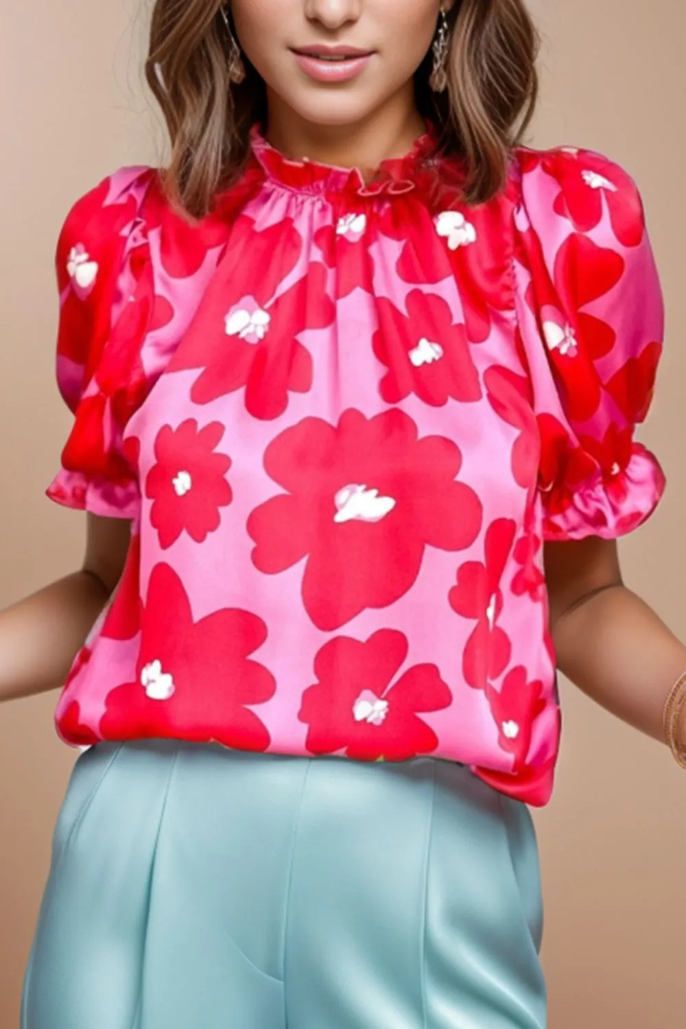 Ruffled Printed Mock Neck Short Sleeve Blouse