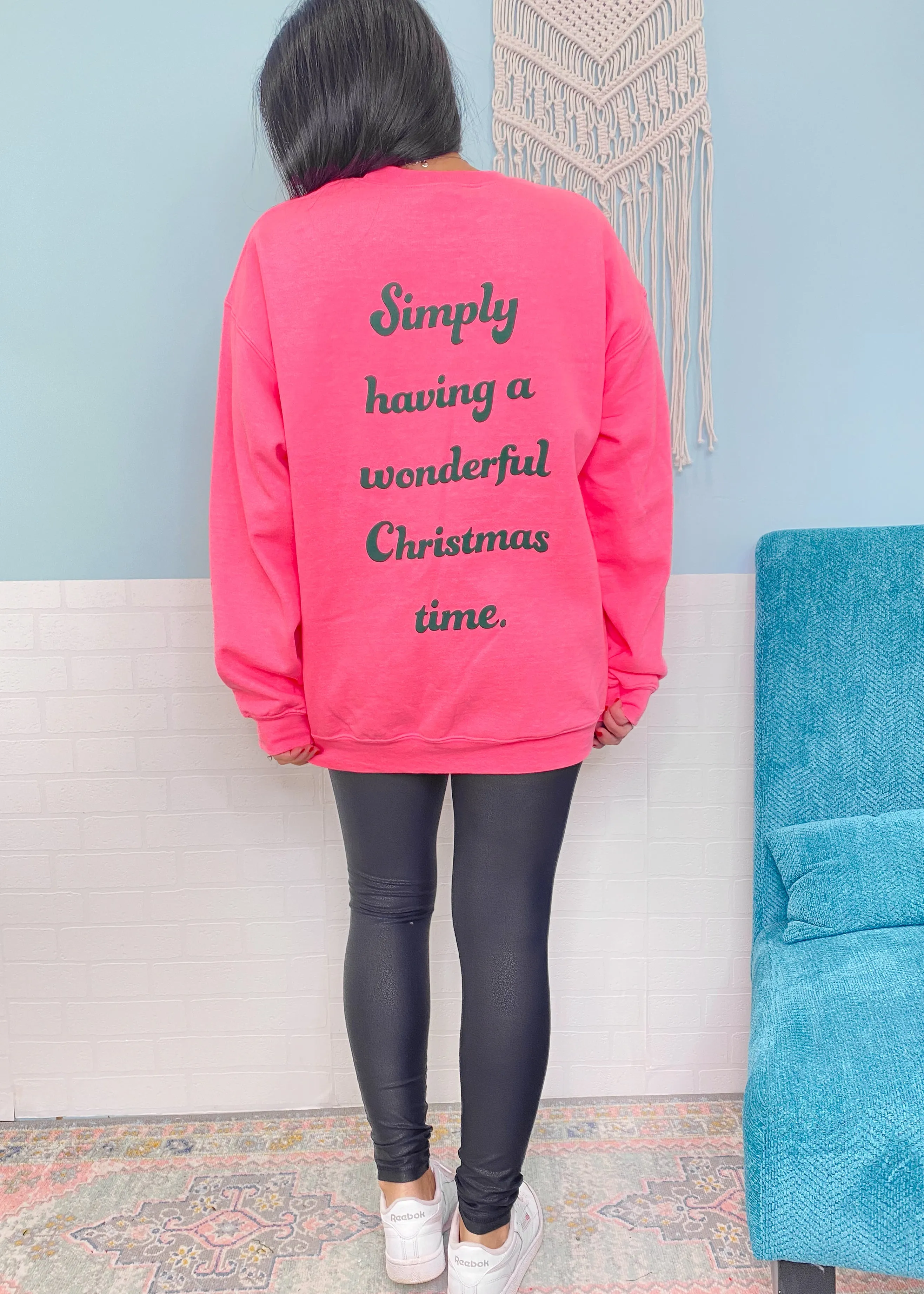 'Simply Having a Wonderful Christmas Time' Hot Pink Tree Row Double Sided Sweatshirt