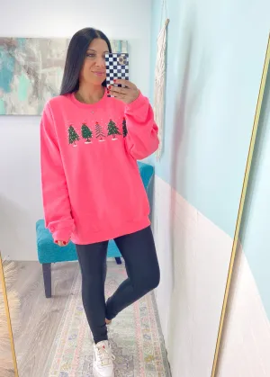 'Simply Having a Wonderful Christmas Time' Hot Pink Tree Row Double Sided Sweatshirt