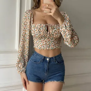 Small floral shirt women retro square collar blouse one word collar shirt women