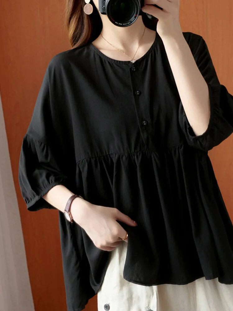 Solid Loose Button Ruched 3/4 Sleeve Round Neck Blouse