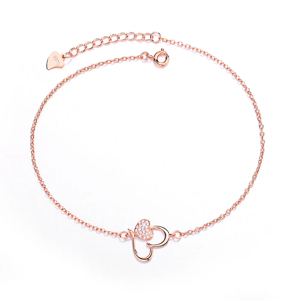 Sterling Silver Heart Anklet with Crystals