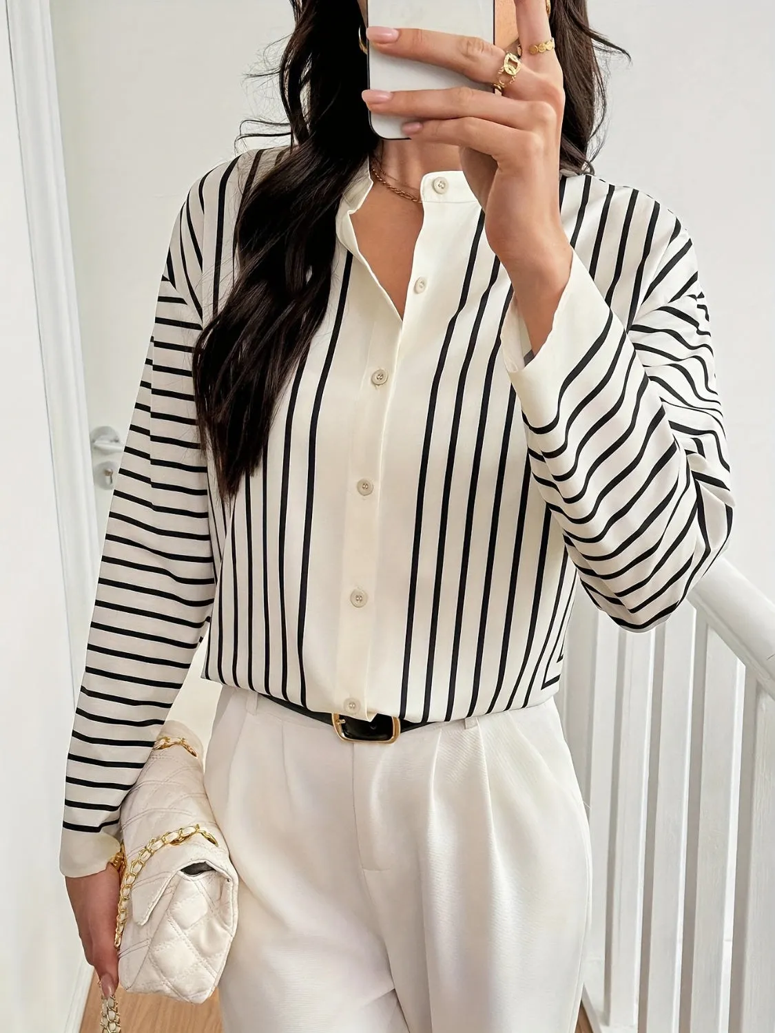 Striped Mock Neck Long Sleeve Resort Blouse