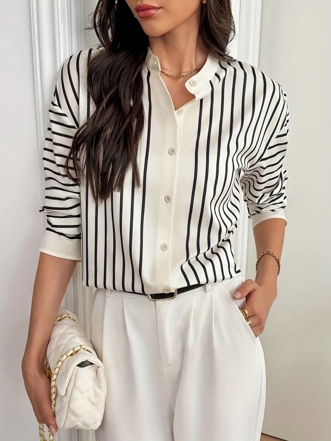 Striped Mock Neck Long Sleeve Resort Blouse