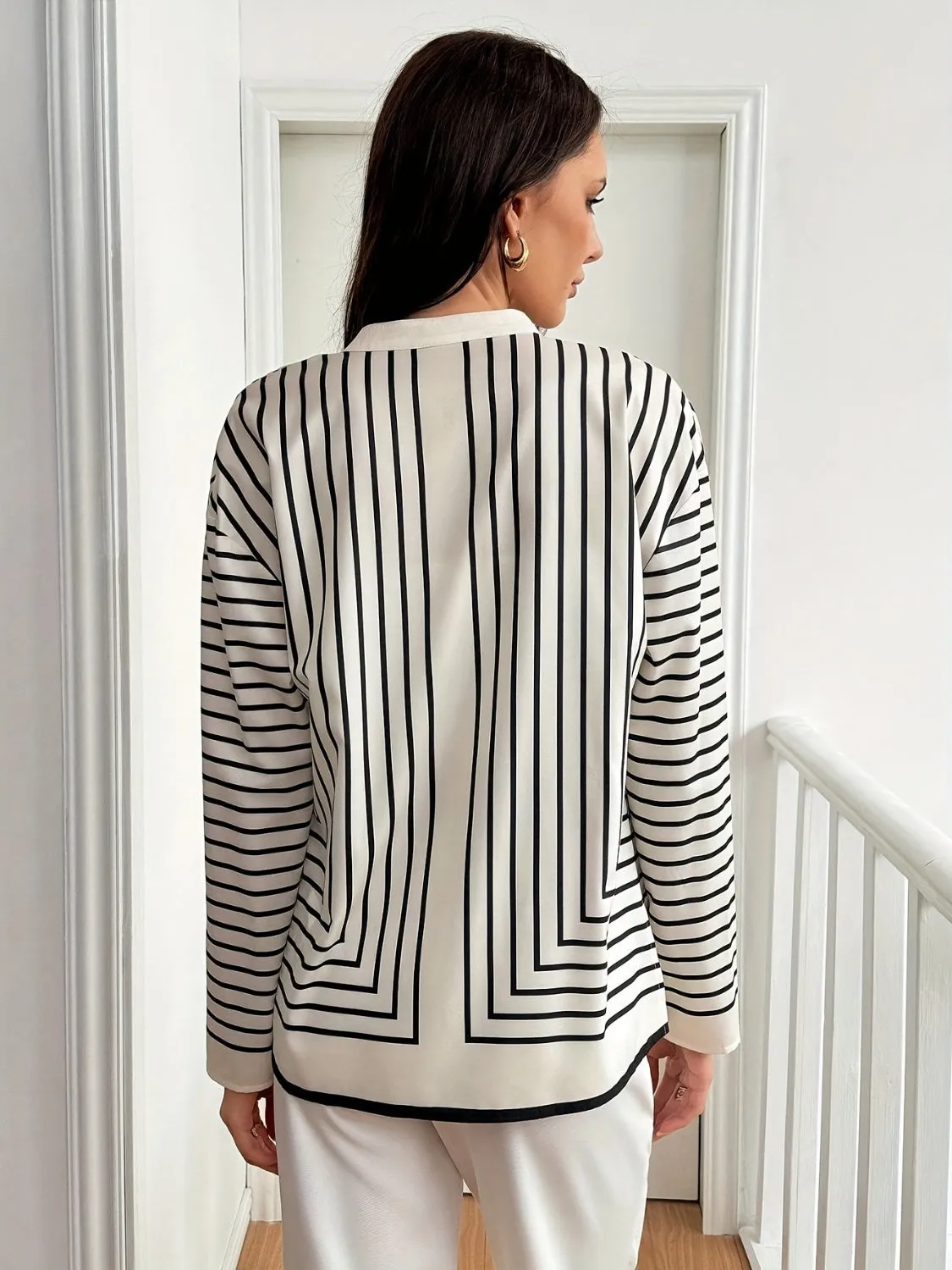 Striped Mock Neck Long Sleeve Resort Blouse