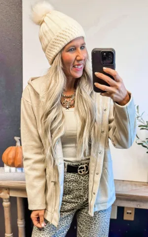 Taupe Drawstring Hooded Solid Jacket