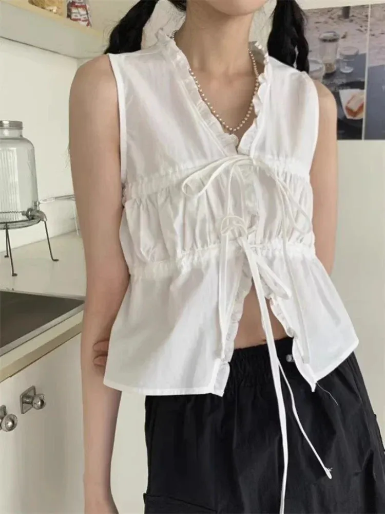 Territory Korean Simple V-neck Lace Up Slim Fit T-shirts Summer Ruched Fungus White Tees Tops Y2k E-Girl Sleeveless Vest  Blouse Shirts