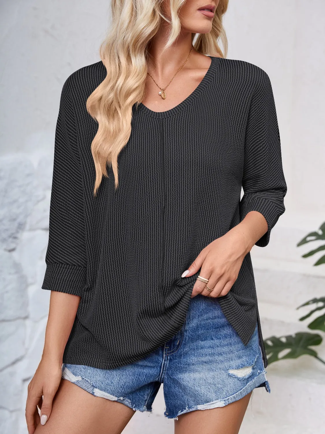 Textured Round Neck Three-Quarter Sleeve Blouse