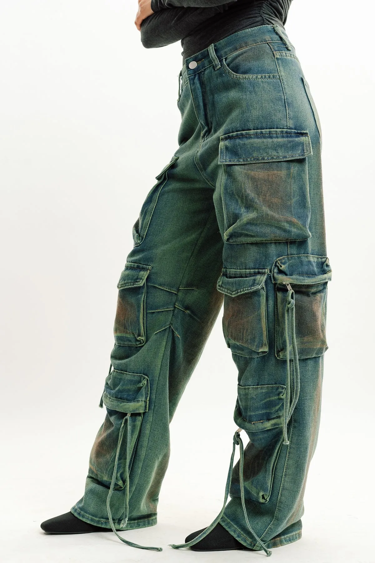 Tinted Acid Wash Multi Utility Cargo Jeans