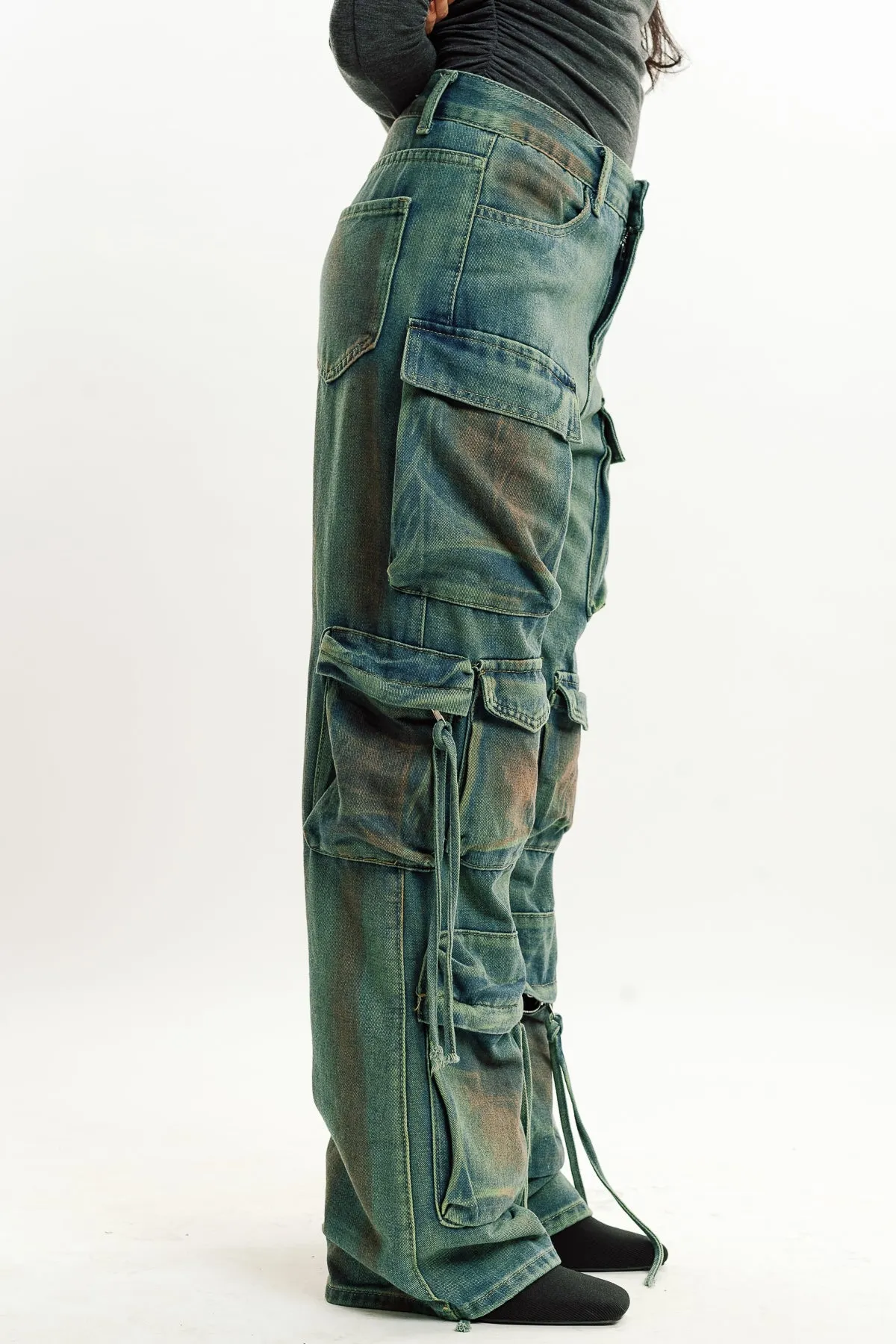 Tinted Acid Wash Multi Utility Cargo Jeans