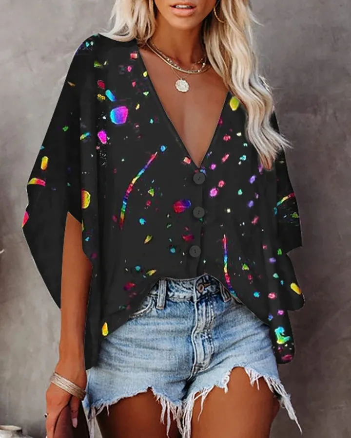 V-neck bat sleeve digital print blouse