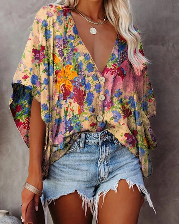 V-neck bat sleeve digital print blouse