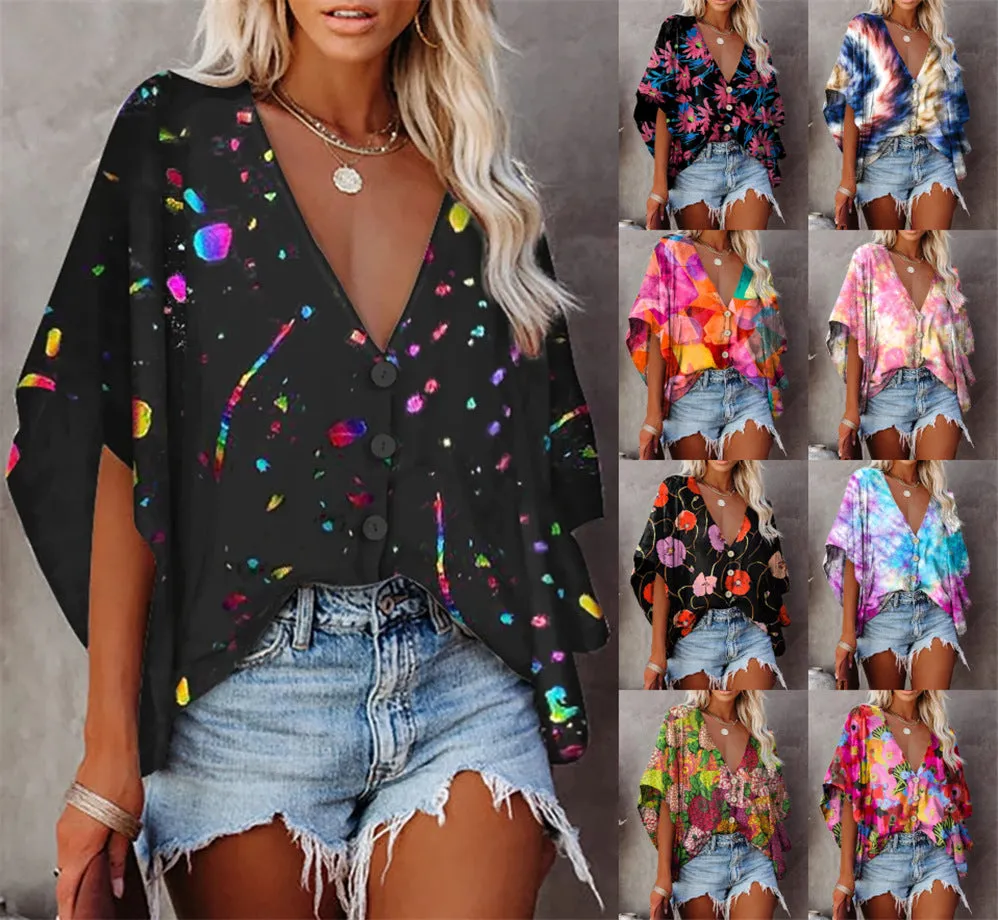 V-neck bat sleeve digital print blouse