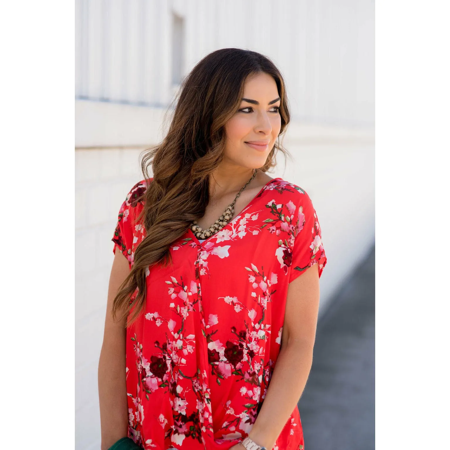 V-Neck Draped Front Floral Blouse