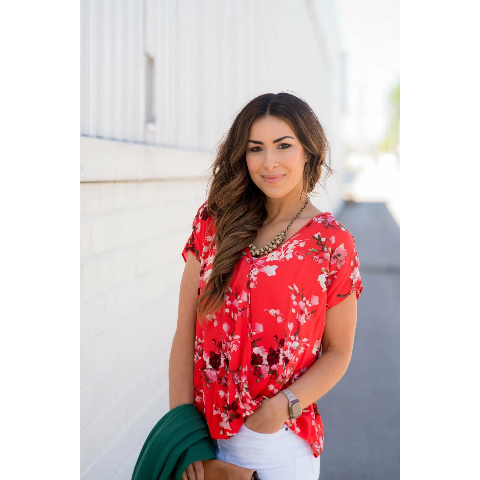 V-Neck Draped Front Floral Blouse