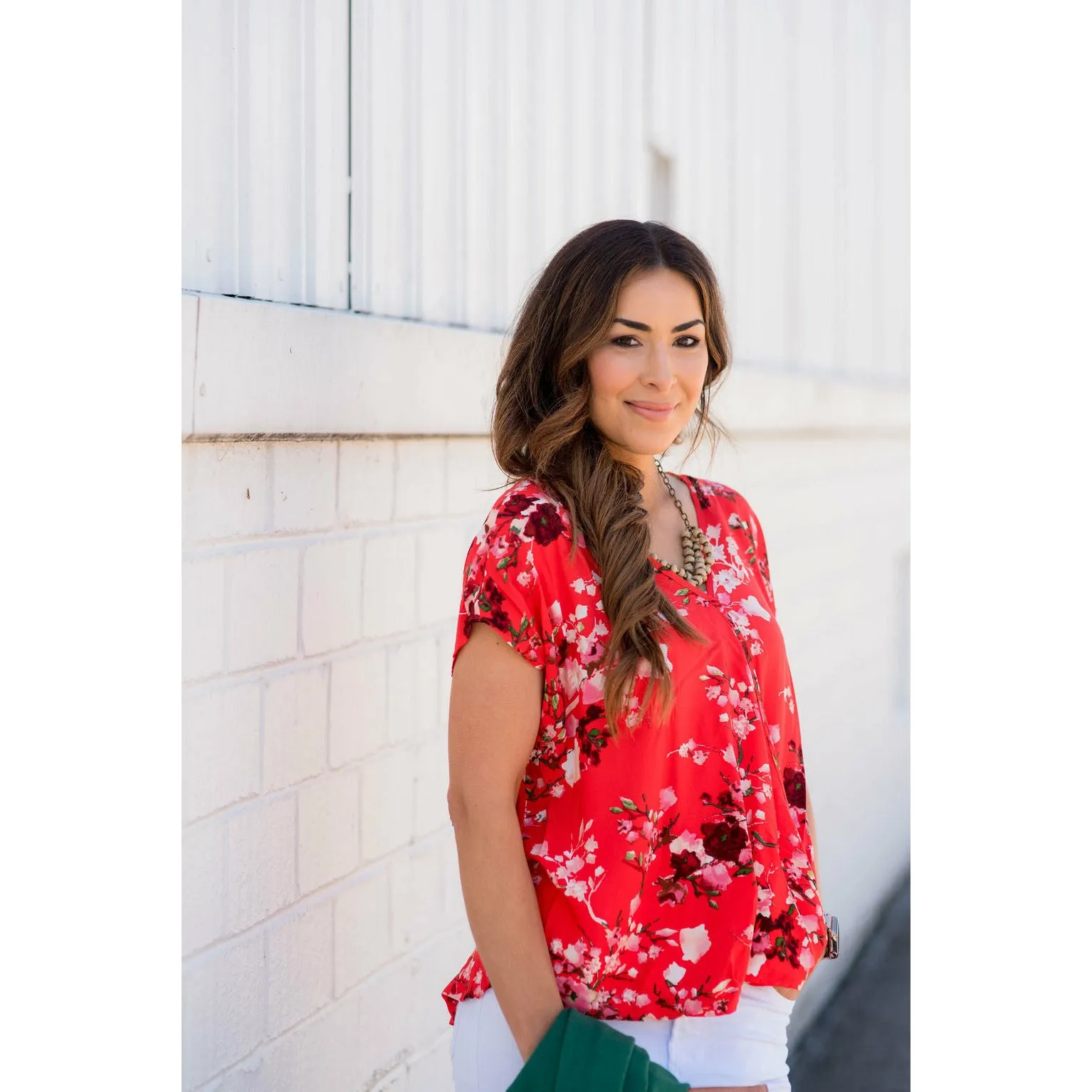 V-Neck Draped Front Floral Blouse