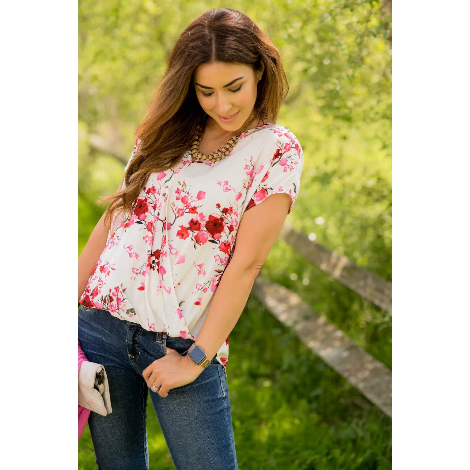 V-Neck Draped Front Floral Blouse