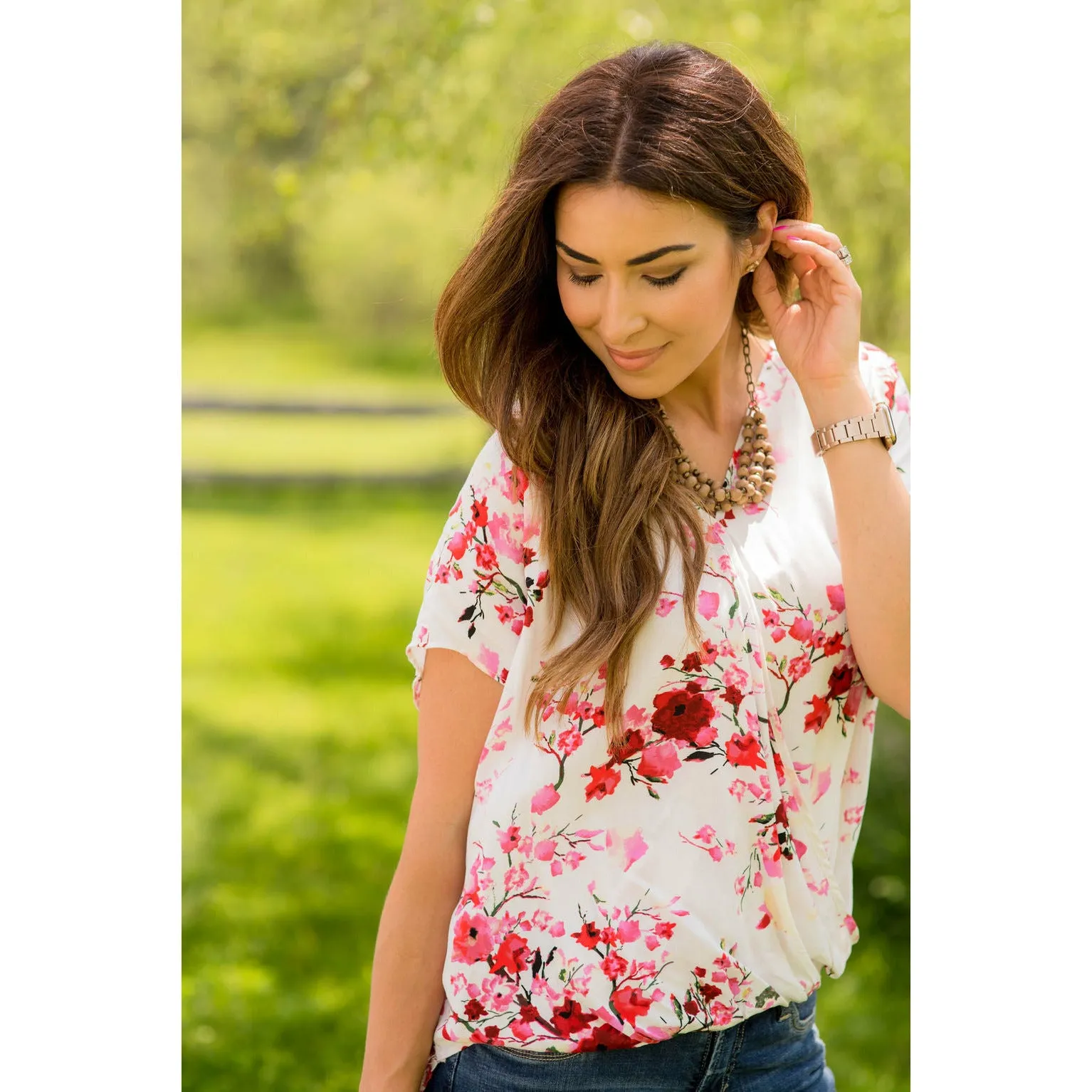 V-Neck Draped Front Floral Blouse