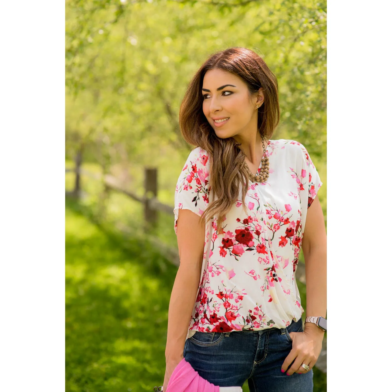 V-Neck Draped Front Floral Blouse