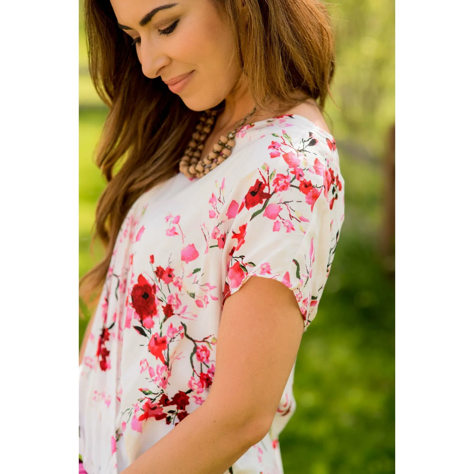 V-Neck Draped Front Floral Blouse