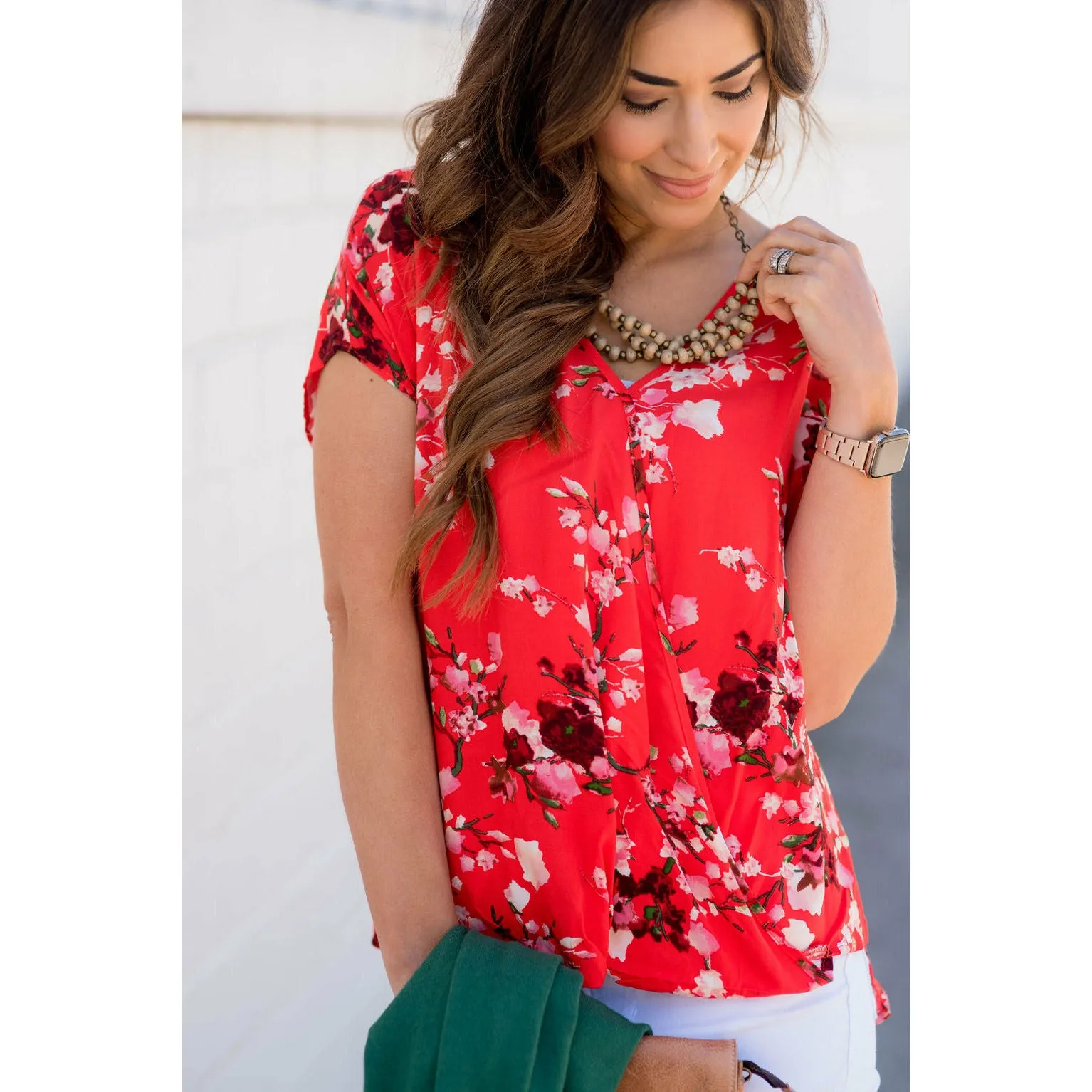 V-Neck Draped Front Floral Blouse