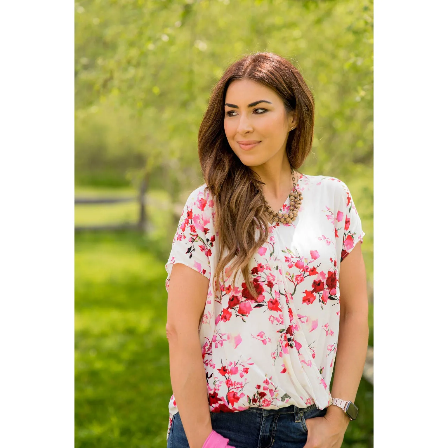 V-Neck Draped Front Floral Blouse