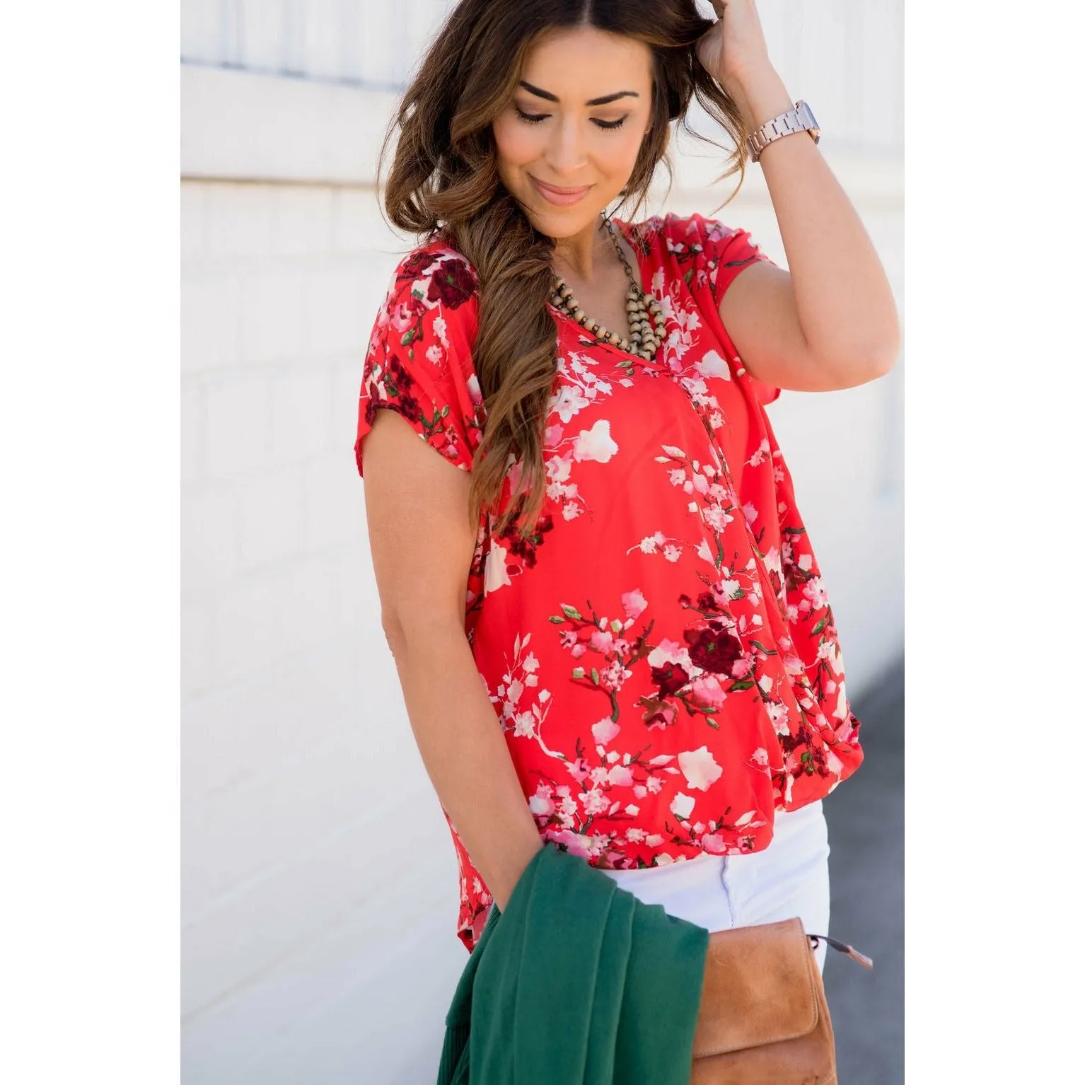 V-Neck Draped Front Floral Blouse