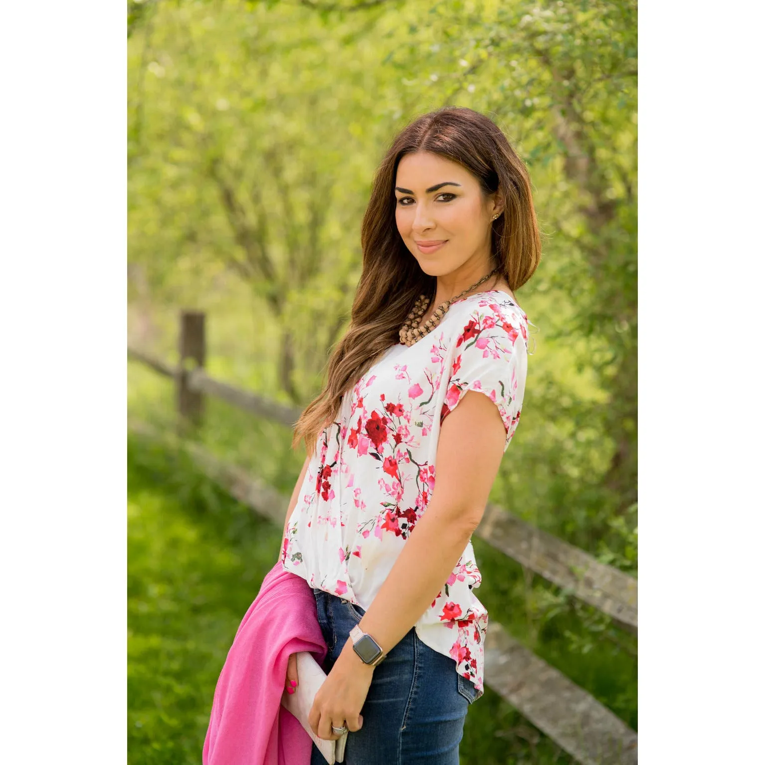 V-Neck Draped Front Floral Blouse