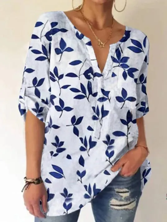 V-neck leaf print casual loose long-sleeved top