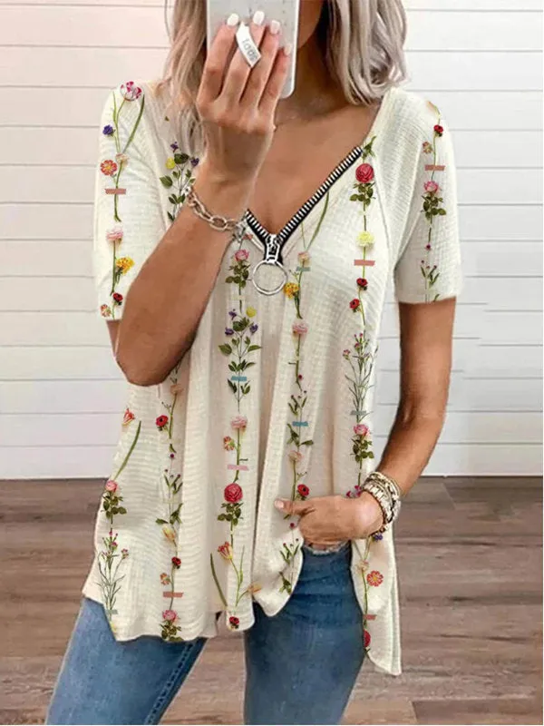 V-neck zipper retro zipper print short-sleeved shirt