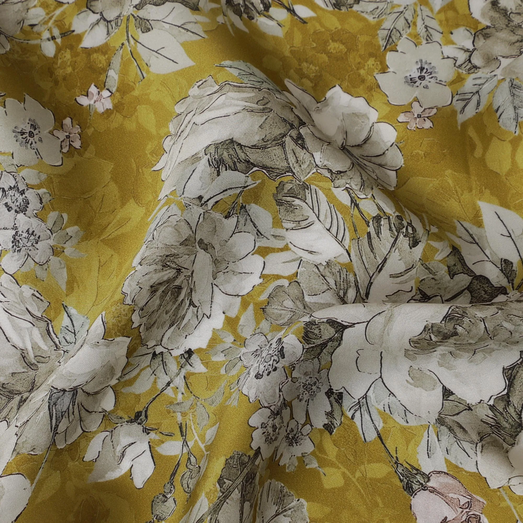 Vibrant Golden Yellow Floral Modal Satin Fabric - 110 cm Width, Luxurious Soft Texture from India-D19220