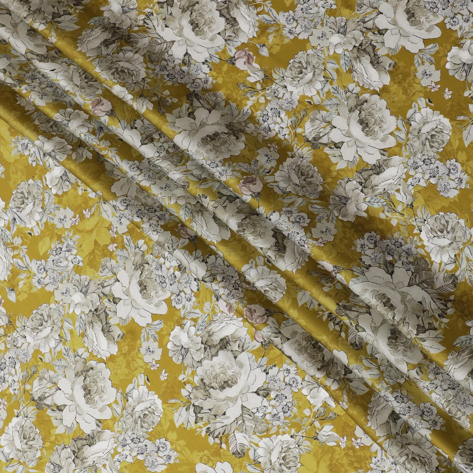 Vibrant Golden Yellow Floral Modal Satin Fabric - 110 cm Width, Luxurious Soft Texture from India-D19220