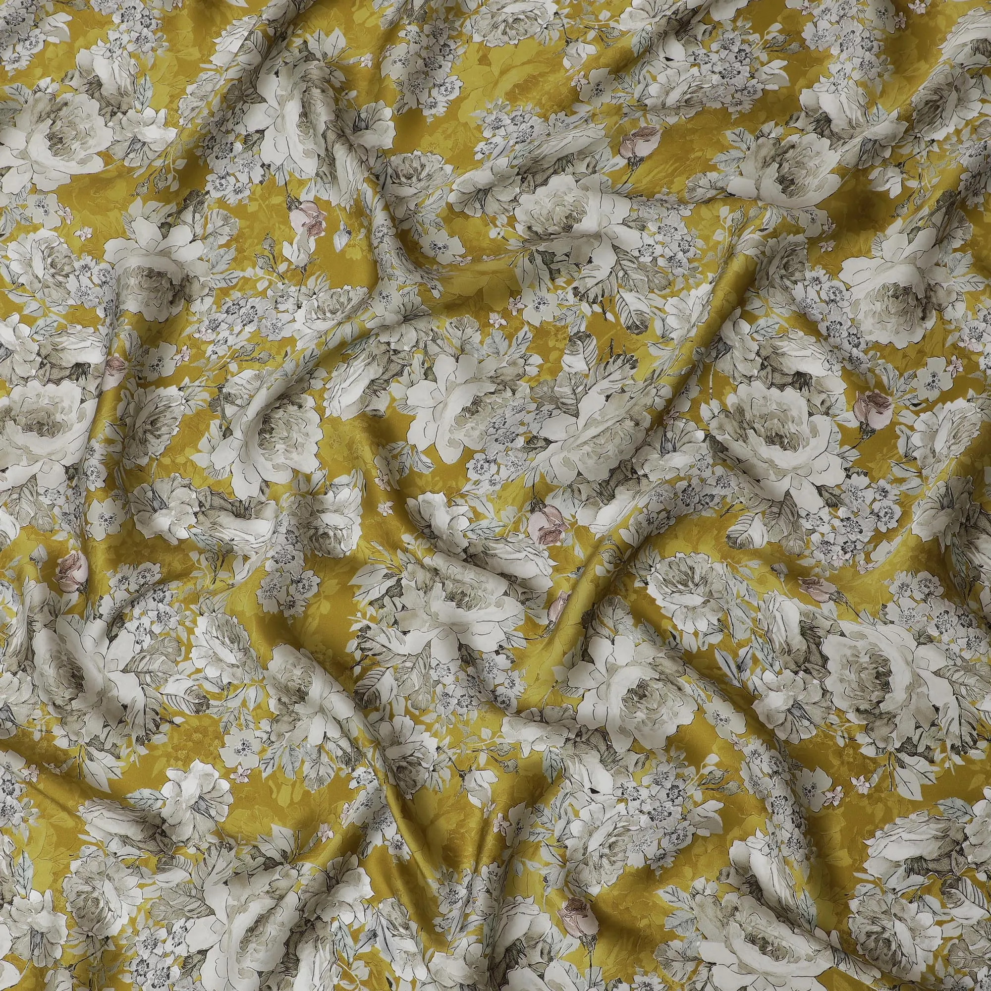 Vibrant Golden Yellow Floral Modal Satin Fabric - 110 cm Width, Luxurious Soft Texture from India-D19220