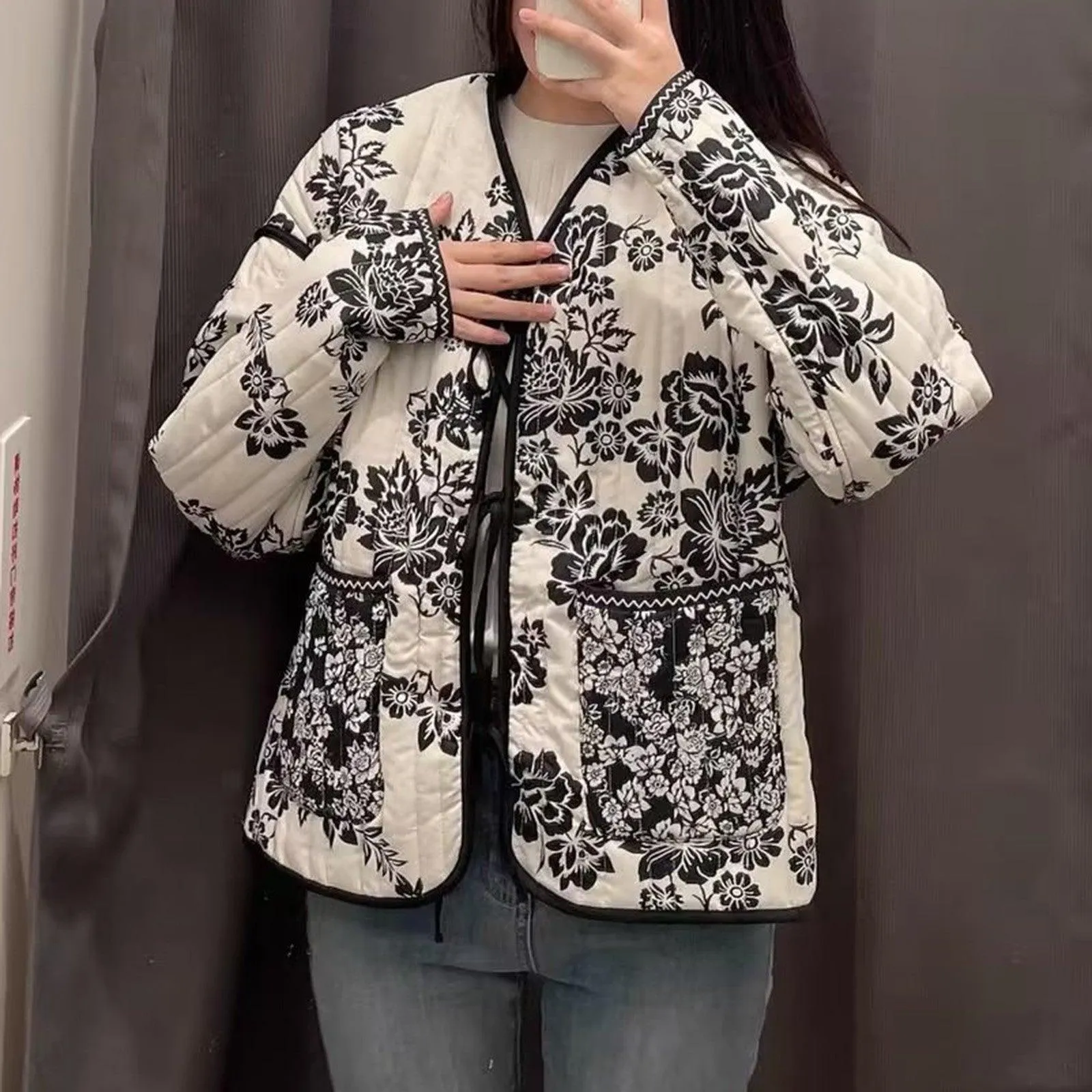 Winter Women Quilted Parka Jacket Fashion Floral Print Cotton Down Coats Lightweight Long Sleeve Warm Padded Outerwear Chaquetas