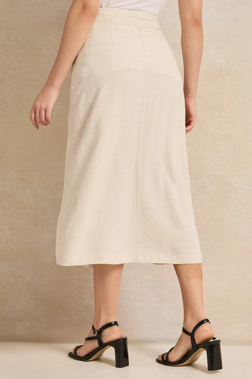 Women Beige Pleated Linen Skirt