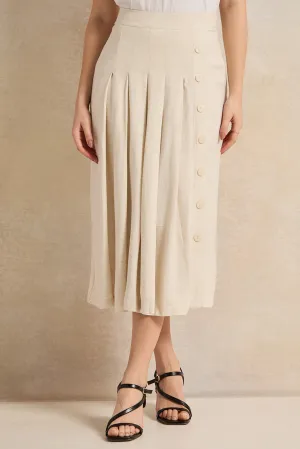 Women Beige Pleated Linen Skirt